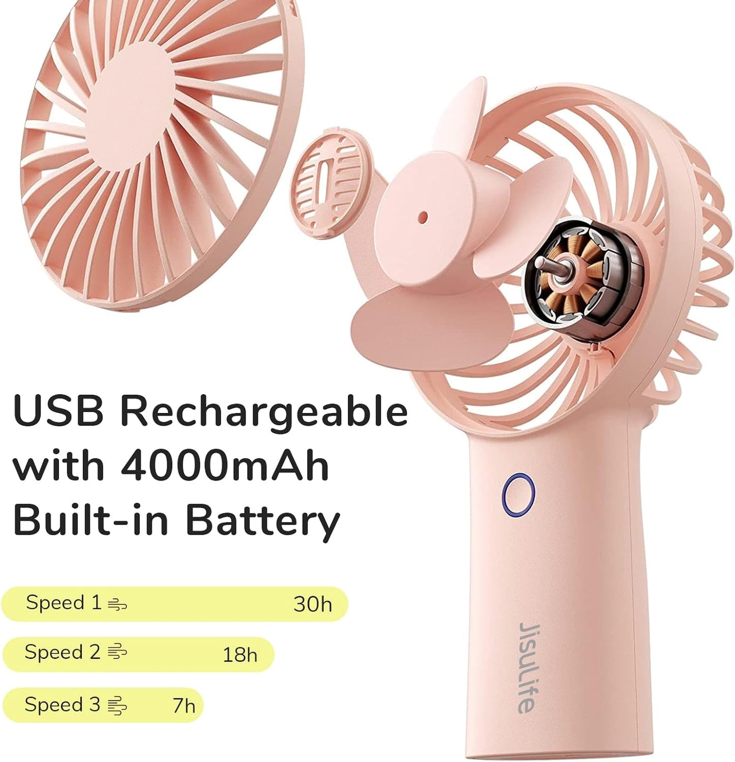 Handheld Portable Fan [20H Max Cooling Time] Mini Hand Fan, 4000Mah USB Rechargeable Personal Fan, Battery Operated Small Fan with 3 Speeds for Travel/Commute/Makeup/Office-Pink
