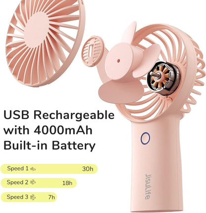 Handheld Portable Fan [20H Max Cooling Time] Mini Hand Fan, 4000Mah USB Rechargeable Personal Fan, Battery Operated Small Fan with 3 Speeds for Travel/Commute/Makeup/Office-Pink